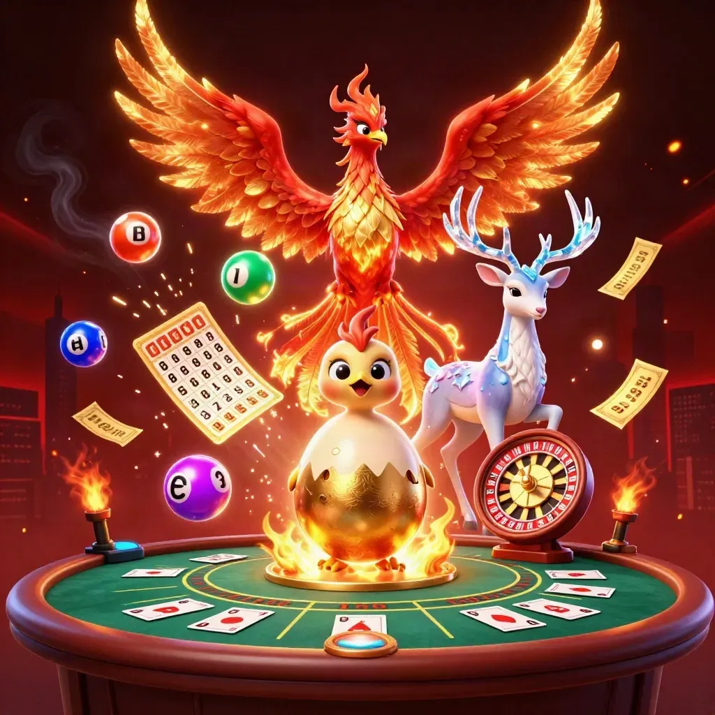 Phoenix, hatchling, and crystal-antler stag amid casino sparks, wheels, and gold neon
