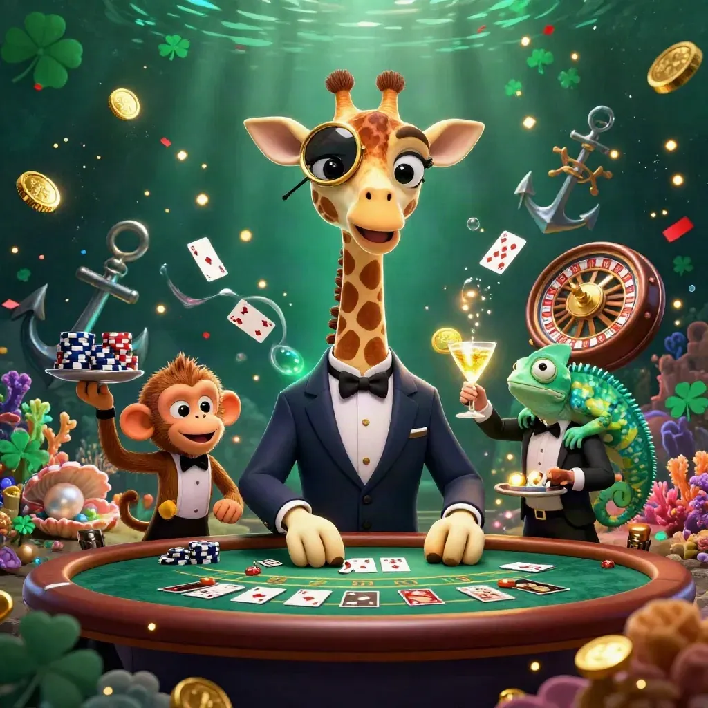 Giraffe, monkey, and chameleon in a glittering underwater casino treasure scene