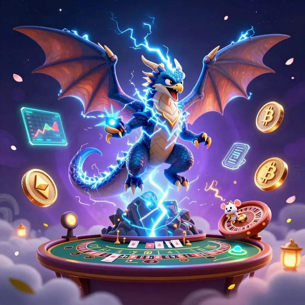 Thunder dragon, wind hawk, and static mouse amid casino magic and glowing coins