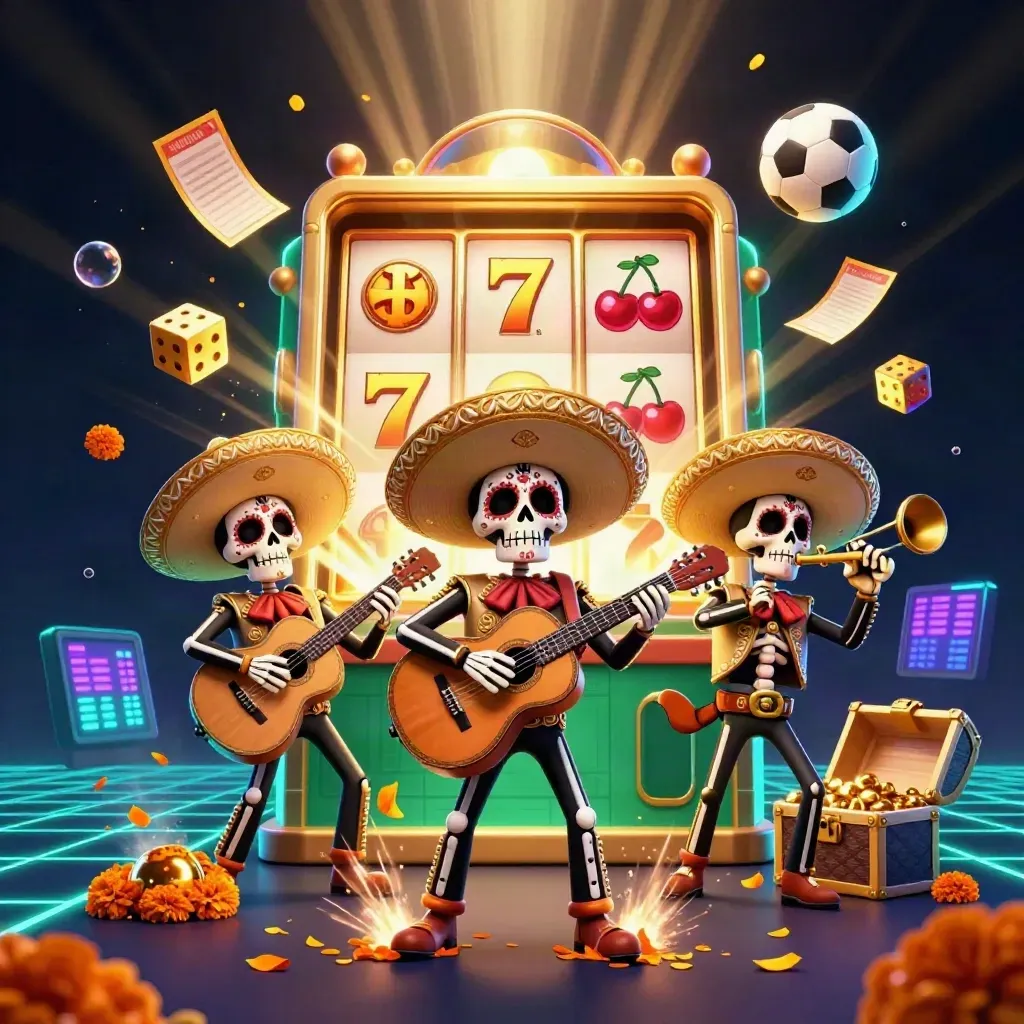 Skeleton mariachi trio with casino burst, flying symbols, soccer ball, gold, and neon grid