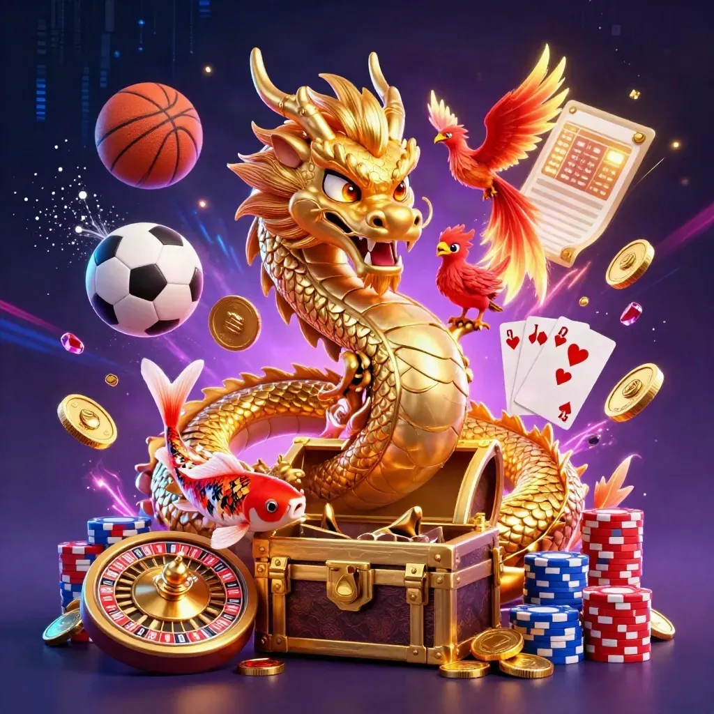 Golden dragon, phoenix and koi burst with casino chips, balls and roulette in neon night light.