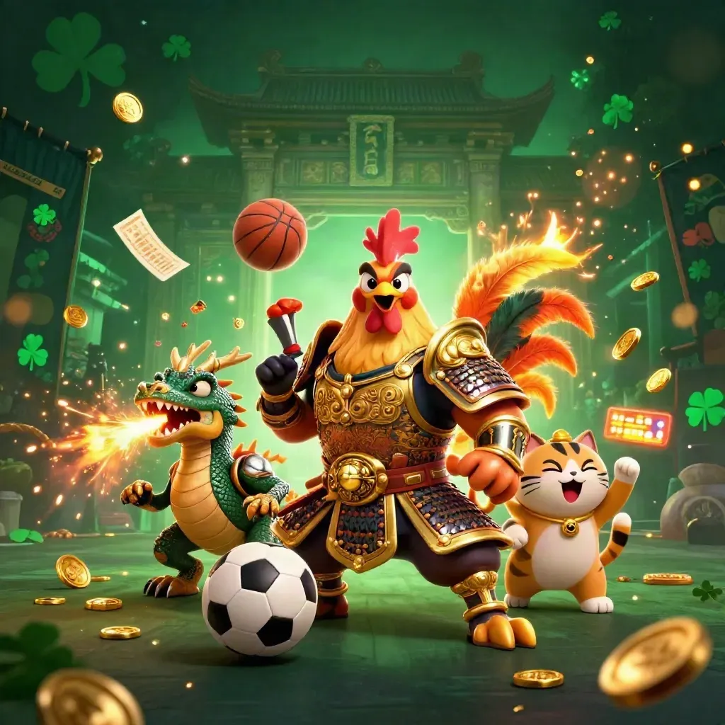 Rooster warrior, dragon hatchling, lucky cat, soccer ball and basketball in gold-lit casino chaos