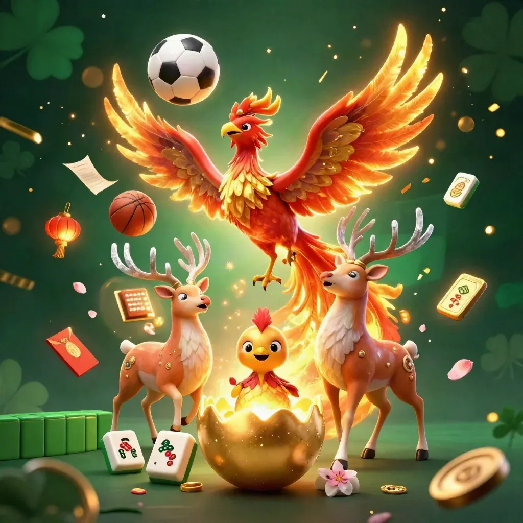 Phoenix, stag, and hatching chick amid casino icons, flying balls, gold light, and emerald haze