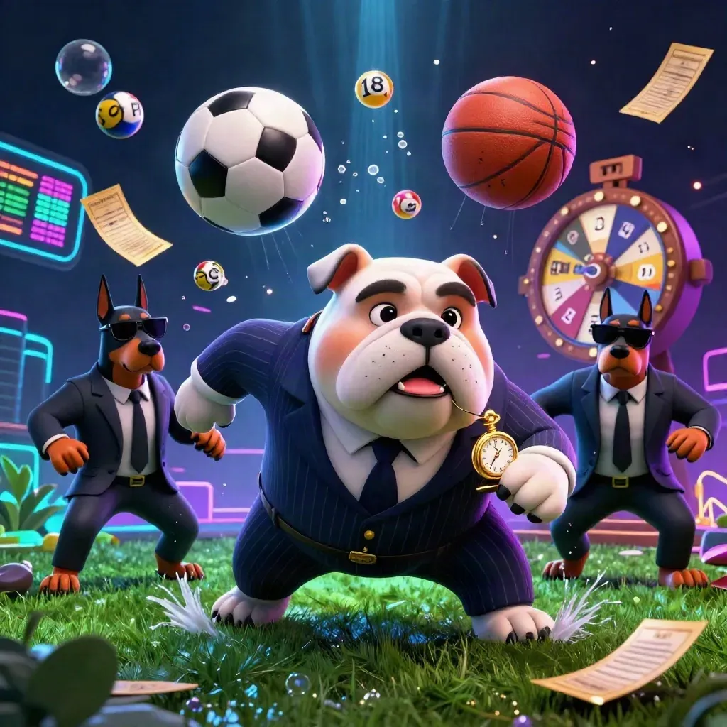Cartoon bulldog boss and bodyguards in a neon casino-soccer blast with lottery balls and glow