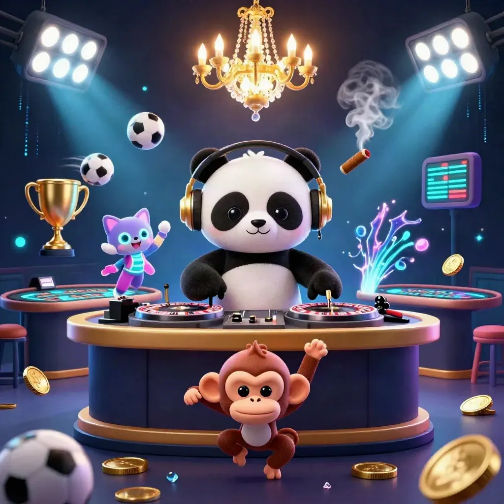 DJ panda, breakdancing monkey, and glow-stick kitten in a luxe casino rave scene.