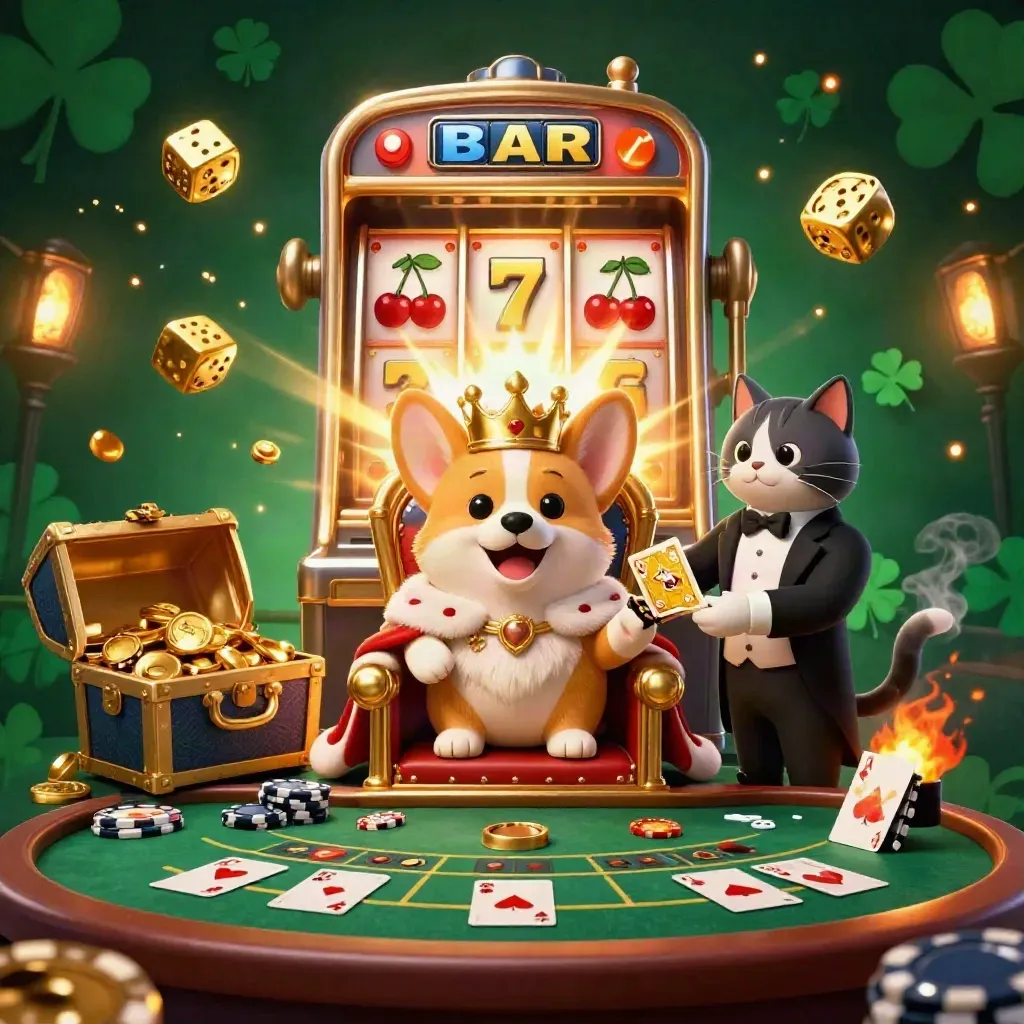 Royal corgi and cat butler in a luxe casino room with jackpot effects and emerald lighting