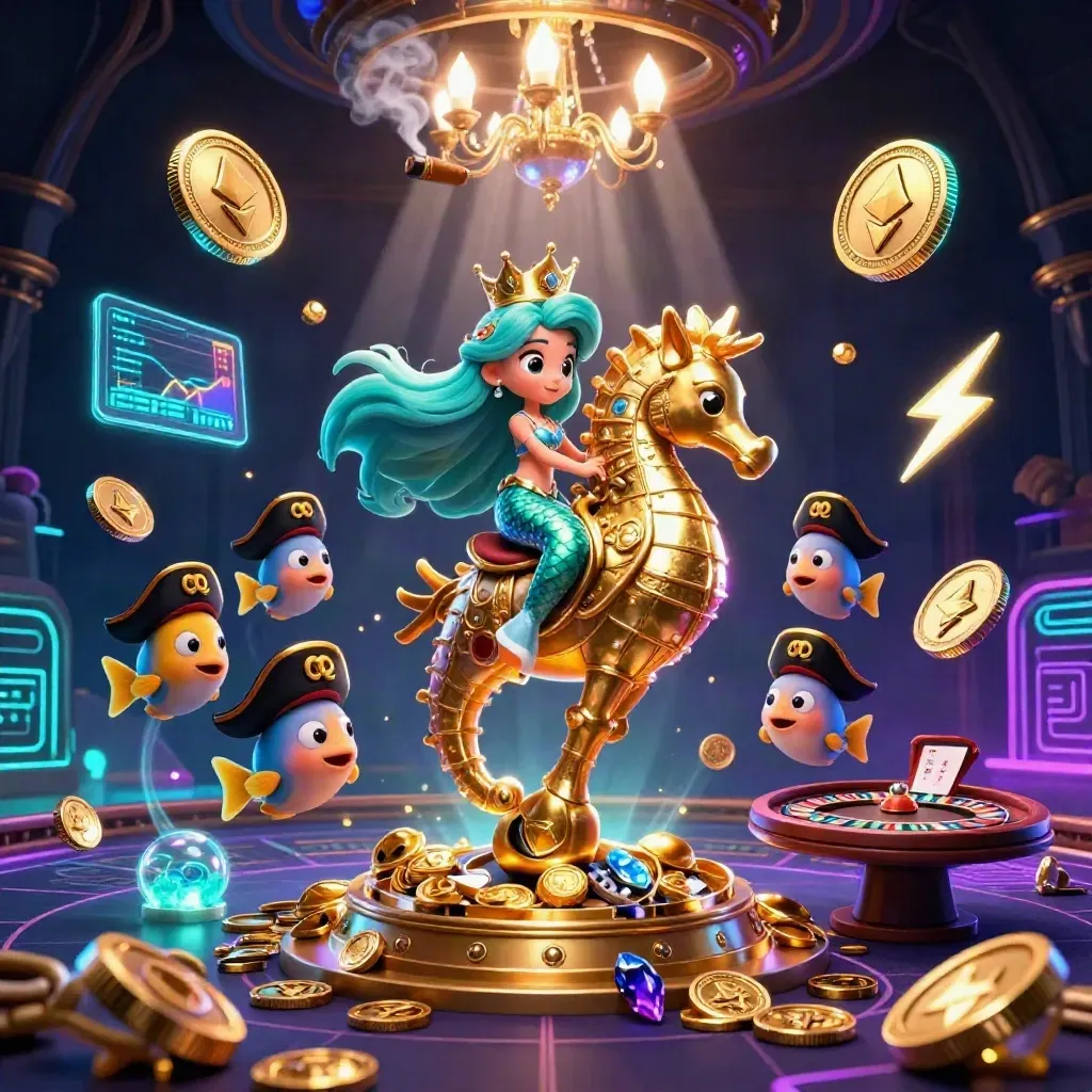 Mermaid princess on a seahorse amid casino magic, neon coins, and a spinning roulette wheel.