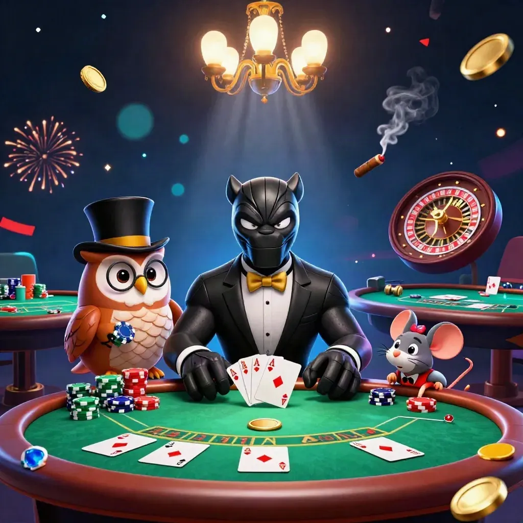 Black panther, owl, and mouse in a luxe casino scene with chips, cards, smoke, and chandelier glow.