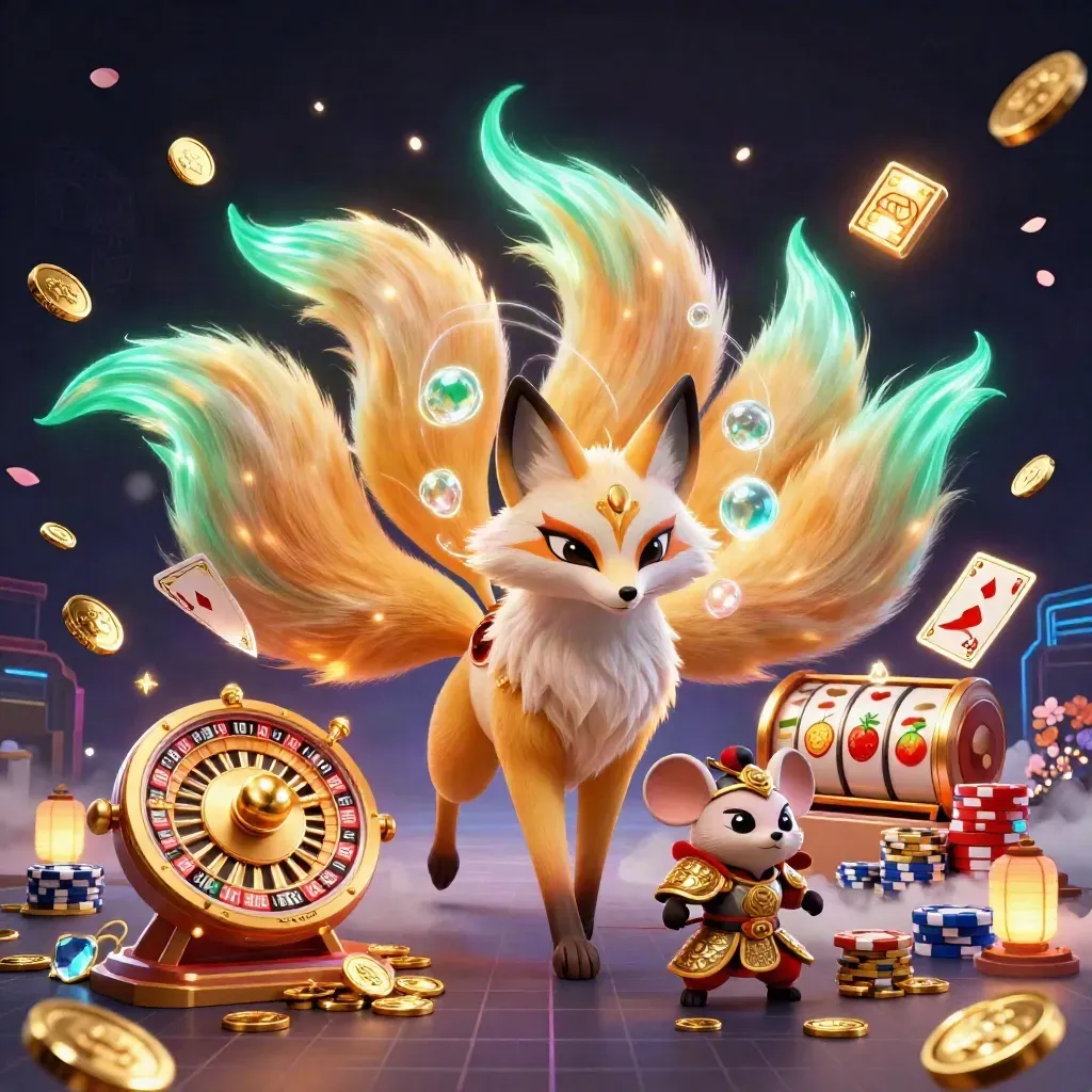Fox spirit and samurai mouse exploding with casino coins, cards, chips, roulette wheel, neon glow