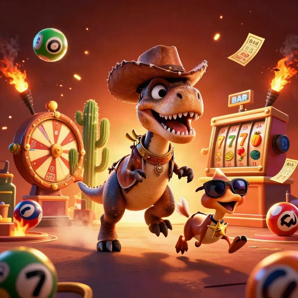Cartoon cowboy T-Rex trio in a casino carnival burst with lottery balls, wheel, tickets, and ember glow.