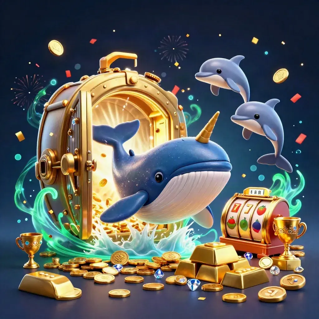 Whale captain, narwhal, and dolphins explode from coins around a glowing treasure vault