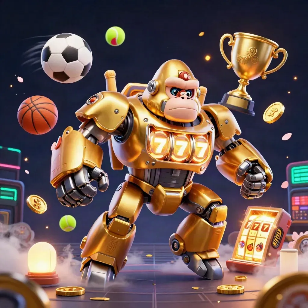 Golden gorilla mech with tiny monkey pilot amid flying sports balls, coins, and neon casino glow.