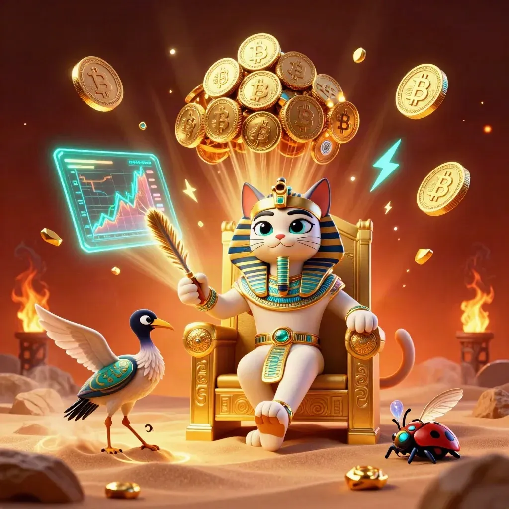 Pharaoh cat, ibis scribe, and gem-winged scarabs amid glowing crypto coins and embers.