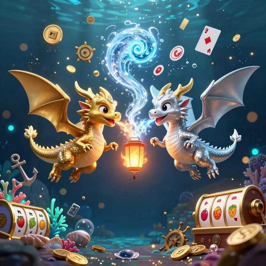 Two dragons, gold and silver, spiral above a treasure cove with coins, coral, cards, and a lantern spirit.