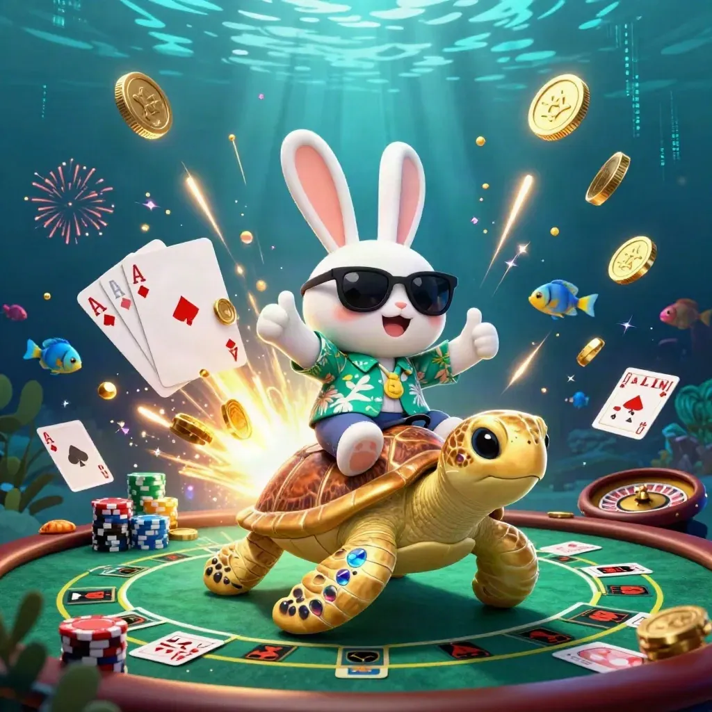 Lucky rabbit on a golden sea turtle amid casino chips, cards, coins, and fireworks.