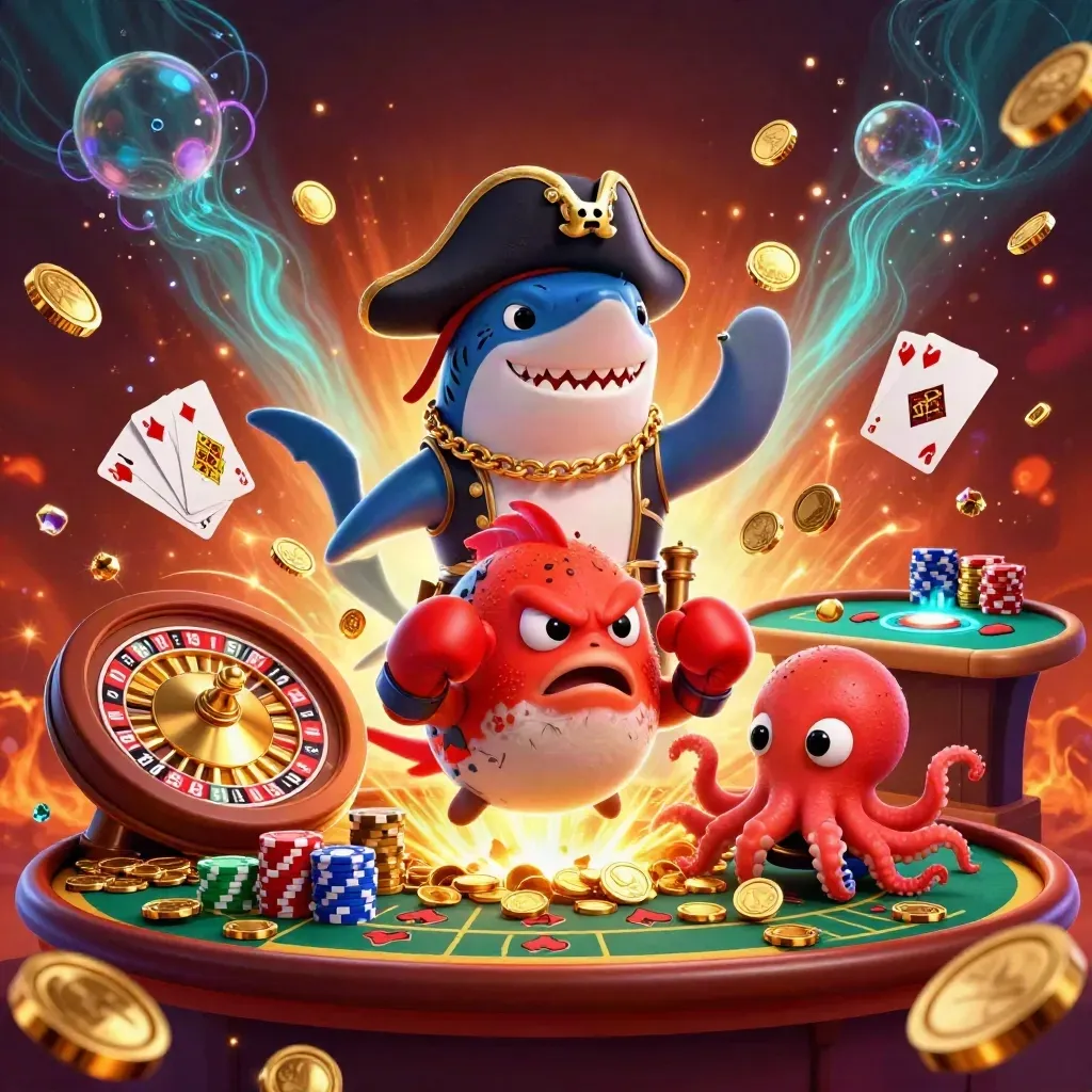 Shark pirate, pufferfish boxer, and coin-juggling octopus amid casino treasure and fireworks