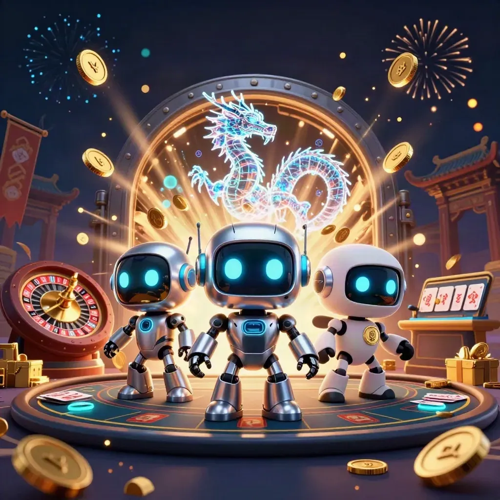 Robot, holographic dragon, and coin drone amid casino treasure bursts and spinning roulette