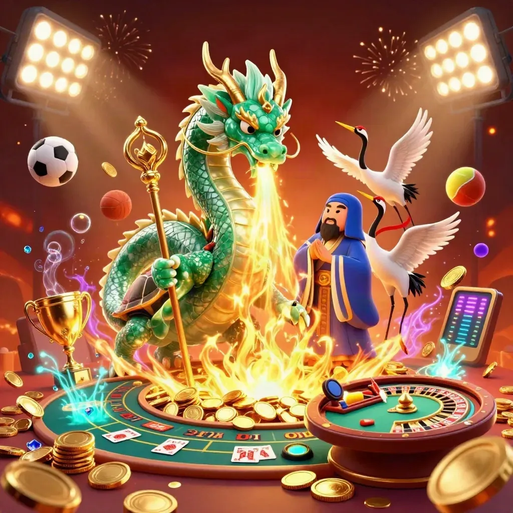 Emerald dragon, turtle sage and cranes amid coins, fireworks and casino symbols
