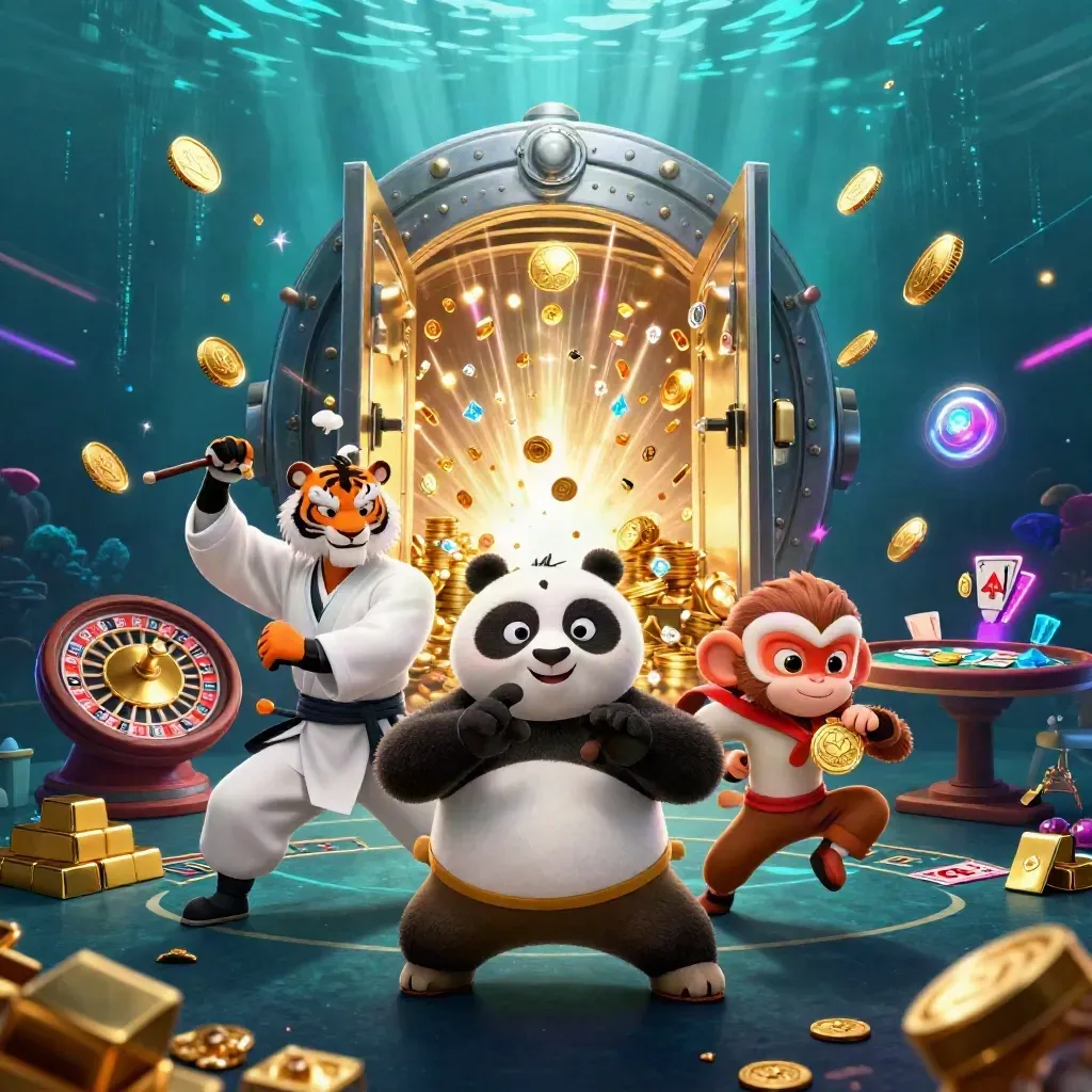 Tiger, panda, and monkey in a casino treasure burst with vault, coins, cards, and neon effects.