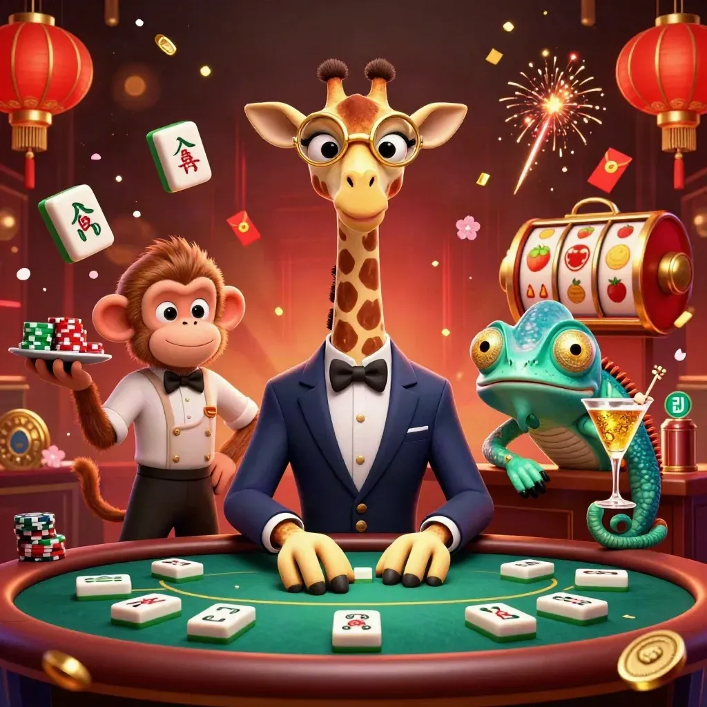 Giraffe high roller, monkey valet, and chameleon bartender amid glowing casino symbols and gold sparks