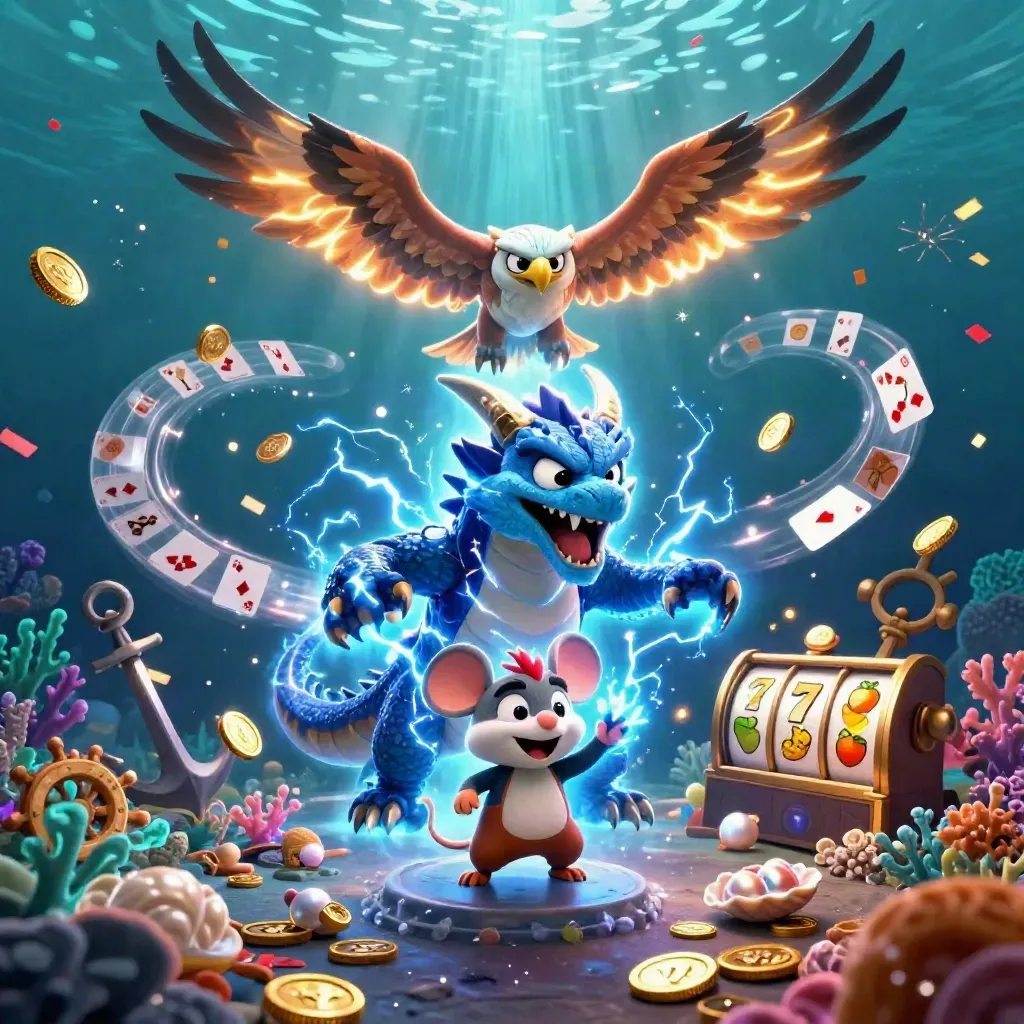 Thunder dragon, wind hawk, and crackling mouse in a jewel-toned underwater casino scene.