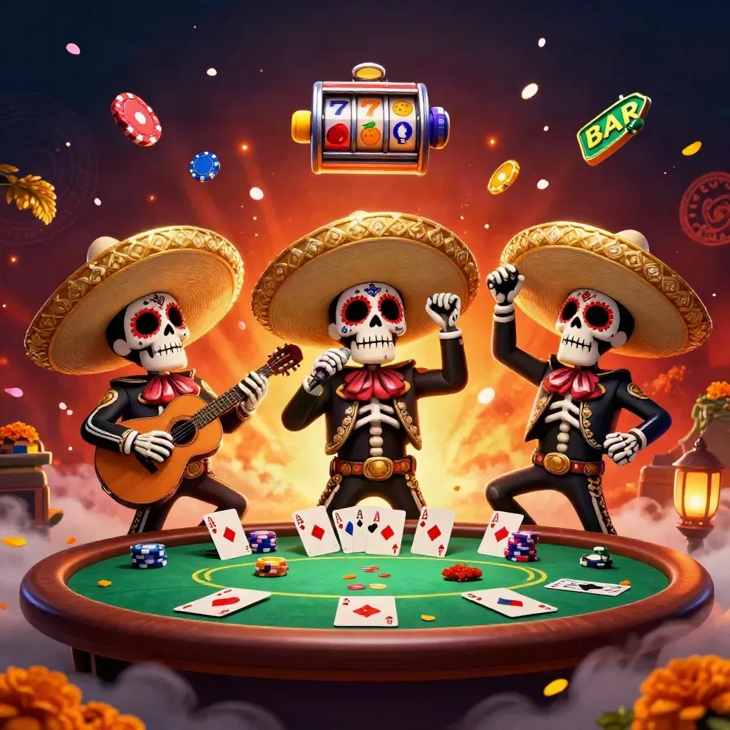 Day-of-the-Dead skeleton mariachi trio amid casino chips, cards, slot reels, and glowing embers.