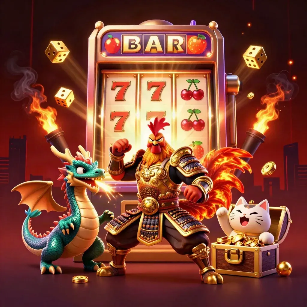 Rooster warrior, spark-breathing hatchling, and lucky cat amid slot bursts and gold.