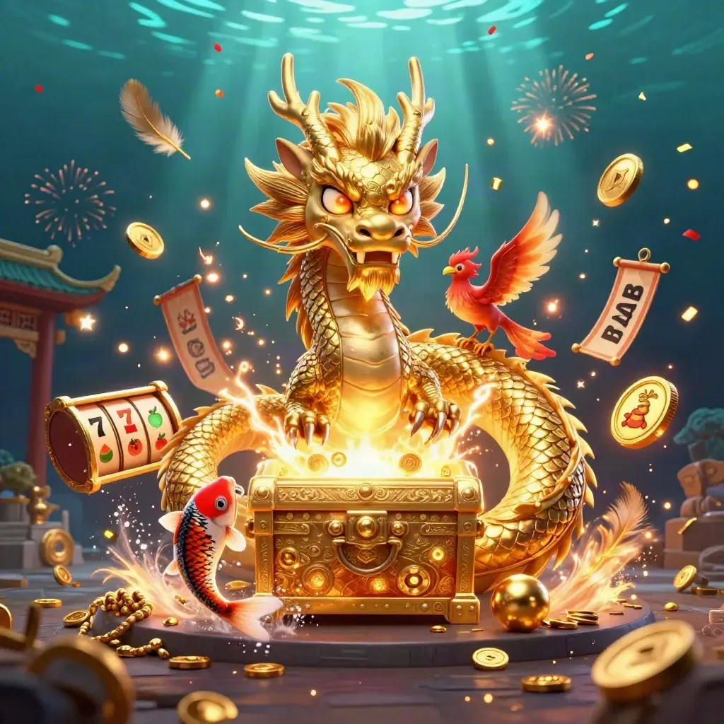 Golden dragon with phoenix and koi amid casino symbols, treasure, fireworks, and glowing underwater light.