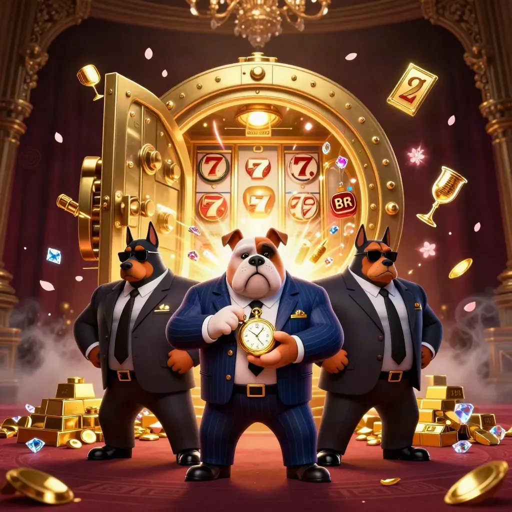 Bulldog mob boss and two Dobermans amid vault gold, gems, and casino glow.